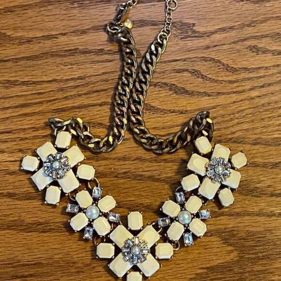 J.Crew Ivory & Yellow Floral Statement Necklace – Gold-Tone Chain - Picture 2 of 6
